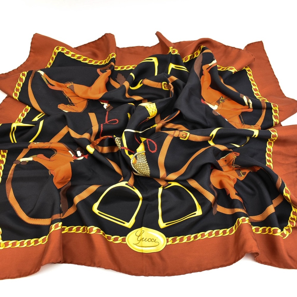 Gucci Black/Red/Gold Equestrian & Logo Silk Scarf